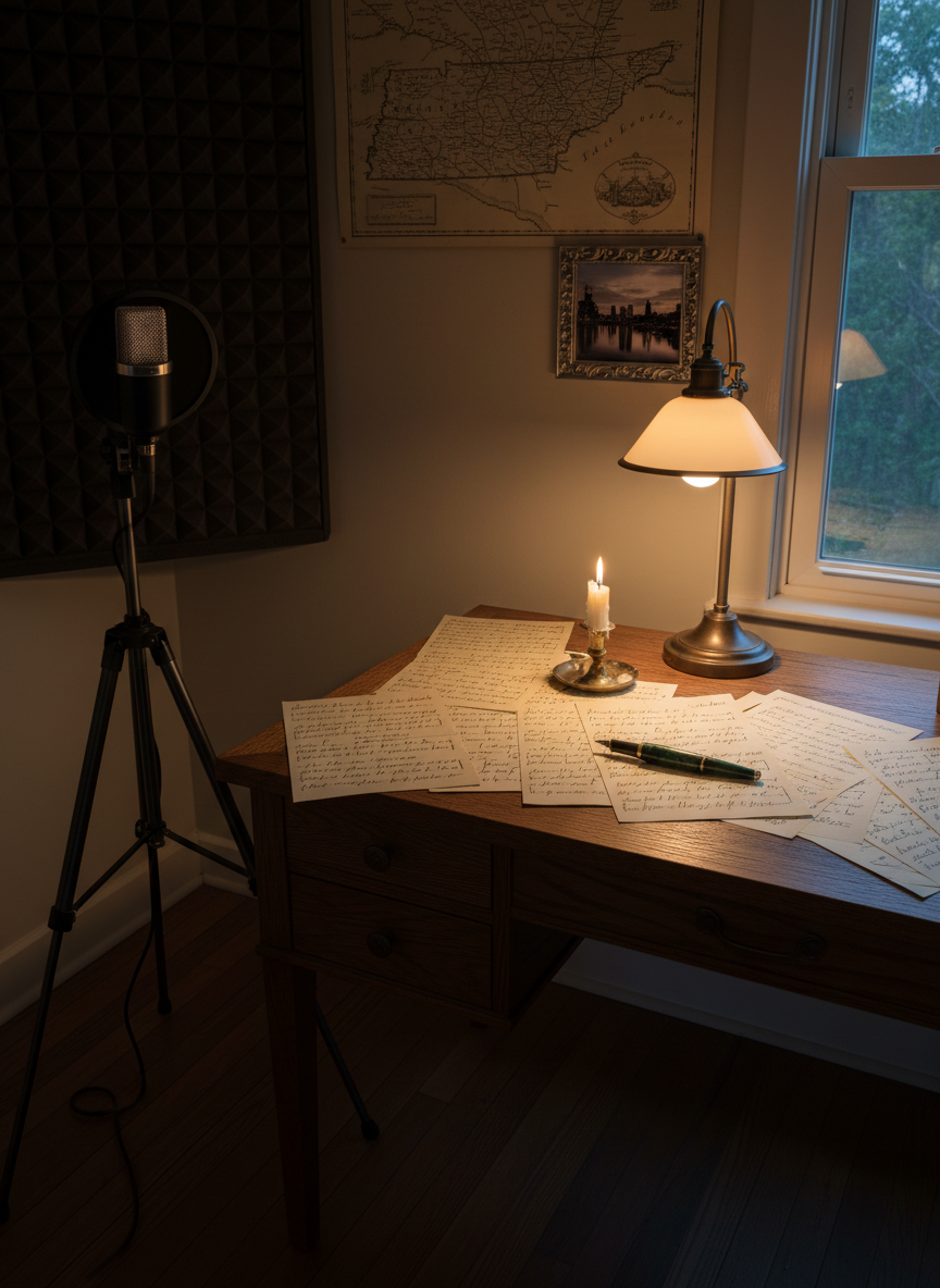 A vintage-style home studio corner featuring a solid oak writing desk covered with handwritten lyric pages, a gently flickering candle, and an old-fashioned fountain pen resting on a half-finished verse. Beside the desk, a classic tube microphone on a sturdy stand faces an empty, well-padded vocal booth. On the wall, a faded map of Tennessee and a small framed photograph of Nashville’s skyline at dusk provide a subtle Southern backdrop. Soft, warm lamplight from a shaded desk lamp mixes with faint evening light from a side window, creating deep, cinematic shadows. Captured from a slightly elevated angle in photographic realism, the mood is contemplative, sophisticated, and emotionally charged, suggesting songs born from real-life stories and long experience.
