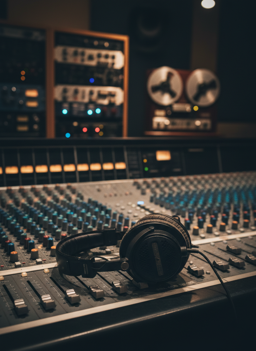 A close, cinematic shot of a well-worn pair of black studio headphones resting on a large analog mixing console, every knob, fader, and LED light carefully rendered in crisp detail. The console sits in a professional Nashville control room, with racks of outboard gear and a softly glowing reel-to-reel tape machine fading into bokeh in the background. Cool blue and warm amber indicator lights reflect subtly on brushed metal surfaces. Low, moody studio lighting with a single overhead spot highlights the texture of the ear cushions and the patina on the console. Composed at a three-quarter angle with a shallow depth of field, the photographic style feels refined and immersive, capturing the sophisticated, behind-the-scenes world of a veteran music creator.