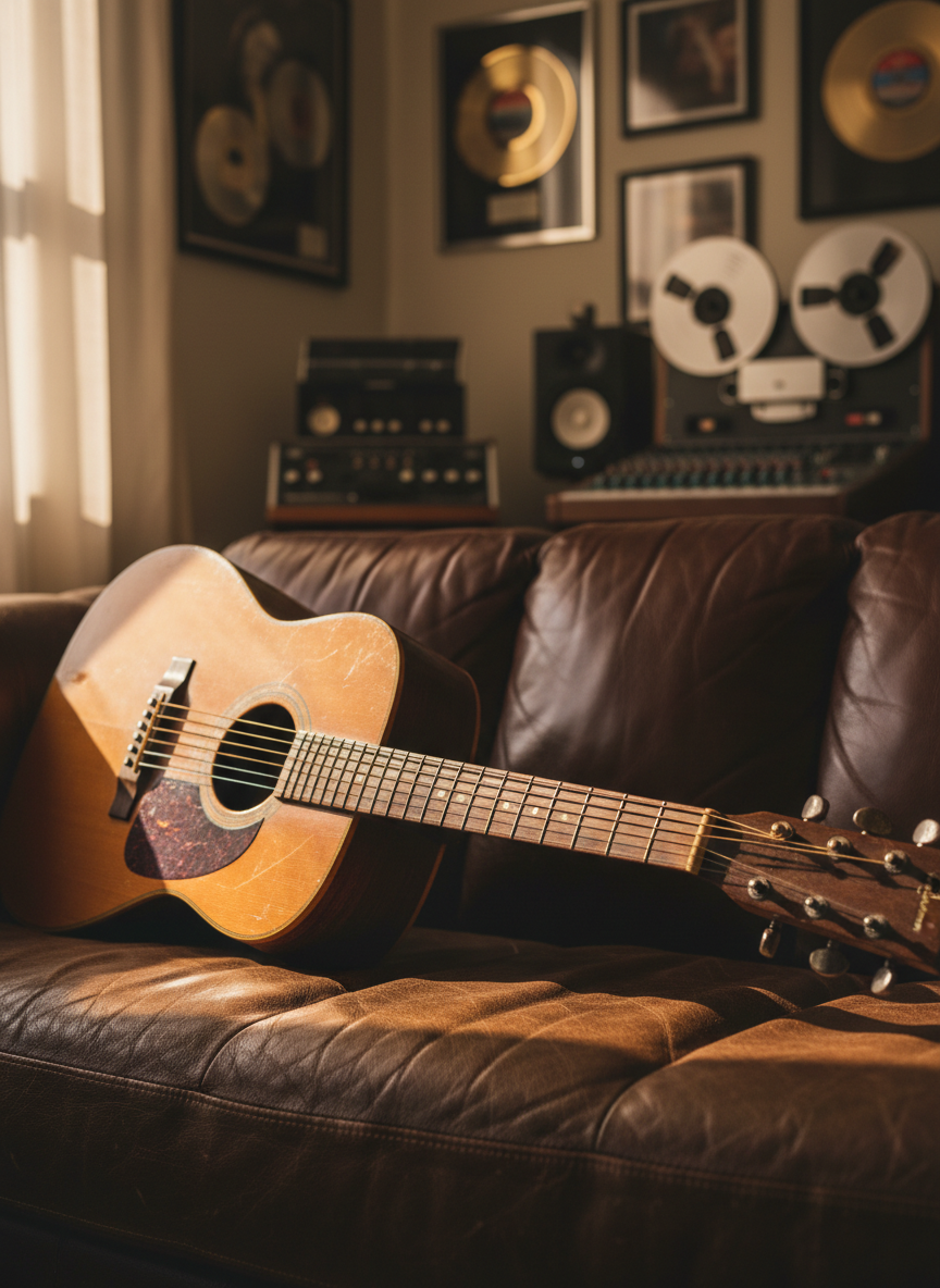 A beautifully detailed close-up of an aged, mahogany acoustic guitar laid across a softly worn leather sofa in a Nashville recording room. The wood grain glows with a deep amber hue, subtle pick marks and tarnished tuning pegs hinting at decades of heartfelt songs. Golden hour sunlight streams through a nearby window, creating warm streaks across the guitar body and casting long, gentle shadows on framed gold records and analog equipment in the blurred background. Shot at eye level with a shallow depth of field, the composition centers the guitar as the silent storyteller. The photographic realism and warm, sophisticated palette evoke intimacy, nostalgia, and the emotional depth of a seasoned songwriter’s world.