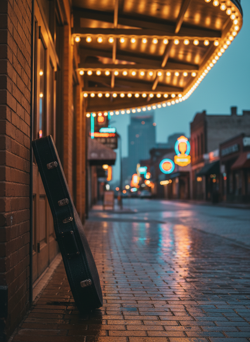 A night-time Nashville street scene outside a modest, historic music venue, rendered in rich photographic realism without any people present. The brick façade glows under warm, slightly weathered marquee lights, casting reflections onto a rain-kissed sidewalk. A classic hollow-body electric guitar in a hard case leans against the building’s entrance, its textured black surface and metal latches beaded with tiny droplets. In the distance, soft-focus neon signs and silhouetted honky-tonk rooftops hint at the city’s music heritage. Shot from a low street-level angle, reflections and shallow depth of field create a cinematic, emotionally resonant atmosphere, suggesting decades of stories and songs. The mood is soulful, slightly bittersweet, and deeply connected to Southern roots.