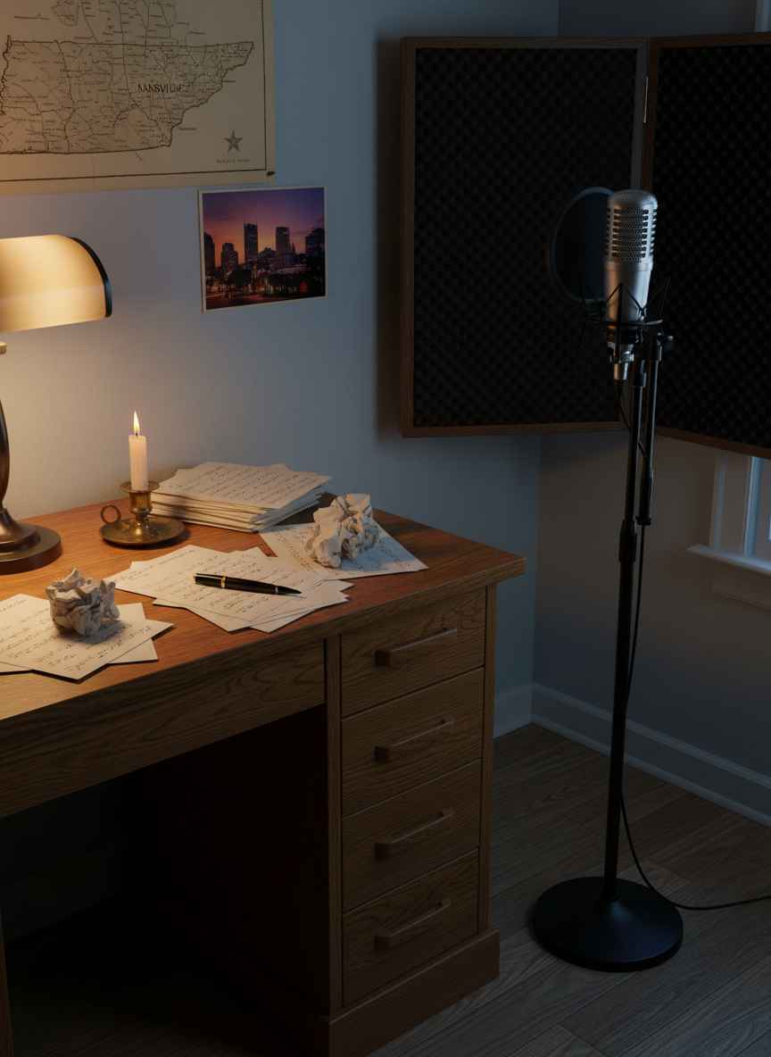 A vintage-style home studio corner featuring a solid oak writing desk covered with handwritten lyric pages, a gently flickering candle, and an old-fashioned fountain pen resting on a half-finished verse. Beside the desk, a classic tube microphone on a sturdy stand faces an empty, well-padded vocal booth. On the wall, a faded map of Tennessee and a small framed photograph of Nashville’s skyline at dusk provide a subtle Southern backdrop. Soft, warm lamplight from a shaded desk lamp mixes with faint evening light from a side window, creating deep, cinematic shadows. Captured from a slightly elevated angle in photographic realism, the mood is contemplative, sophisticated, and emotionally charged, suggesting songs born from real-life stories and long experience.