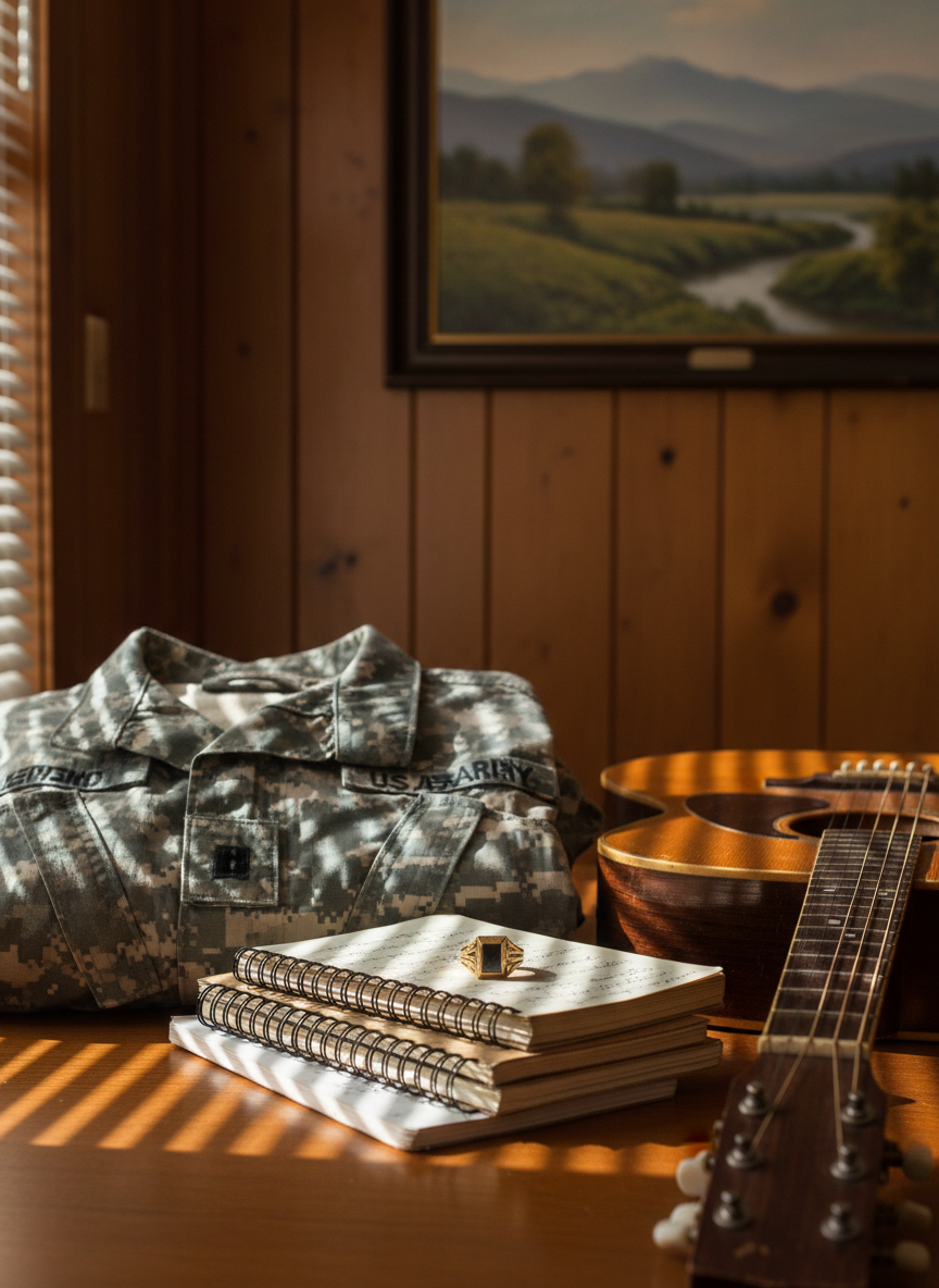 An intimate tabletop scene featuring a neatly folded, desert-camouflage Army jacket beside a stack of worn lyric notebooks and an old, sunburst acoustic guitar lying flat, partially in frame. A polished college graduation ring rests on top of the notebooks, catching a small glint of light. The setting is a quiet, wood-paneled room with a framed Tennessee landscape painting in the background, softly out of focus. Late afternoon light filters through venetian blinds, creating striped patterns across the fabric, paper, and guitar finish. Photographic realism emphasizes textures: the rough weave of the jacket, the creased notebook covers, the smooth, aged lacquer of the guitar. Shot from a slightly elevated angle, the composition feels reflective and dignified, honoring a life of service, education, and heartfelt songwriting.